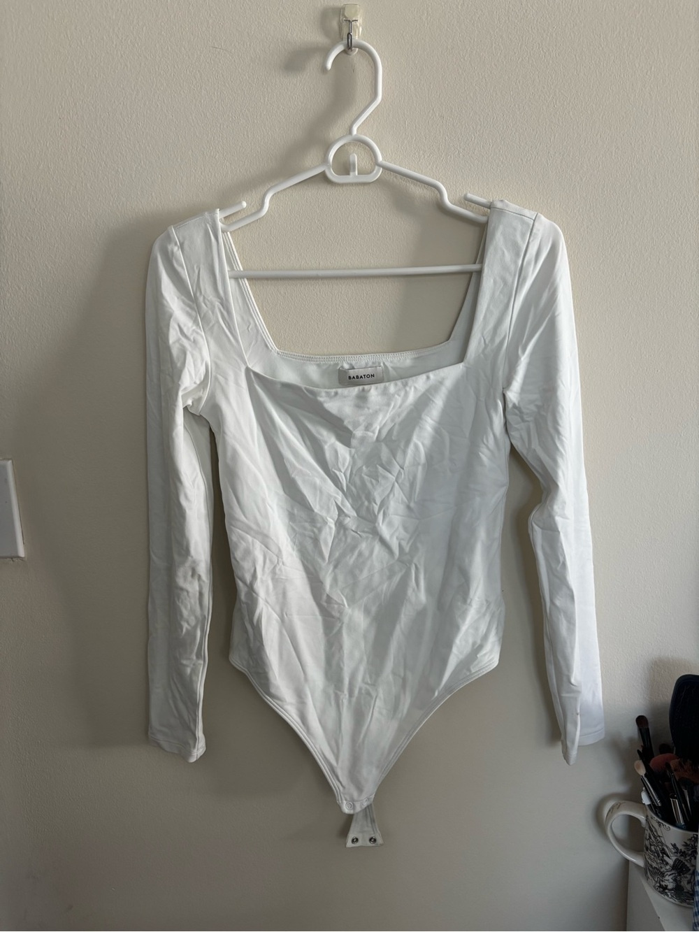 Babaton White Square Neck Long Sleeve Bodysuit